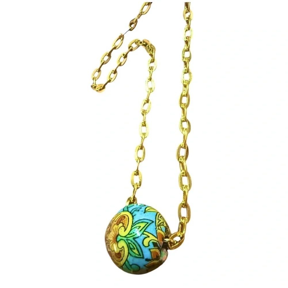 Antique Italian Hand-Painted Venetian Bead Pendant Necklace, 24 GP‎ Chain, 19”